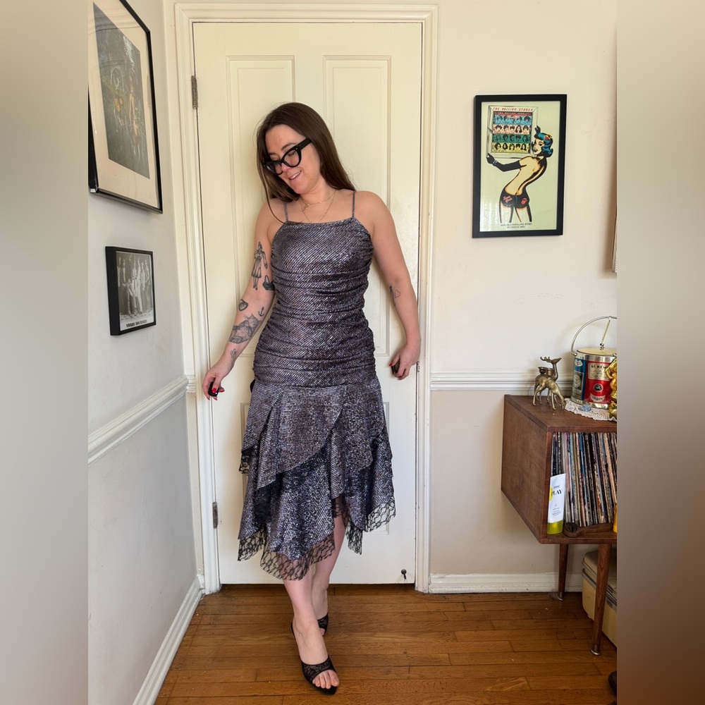 80s Vintage Deadstock NWT Silver Dress w Asymmetrical Hem